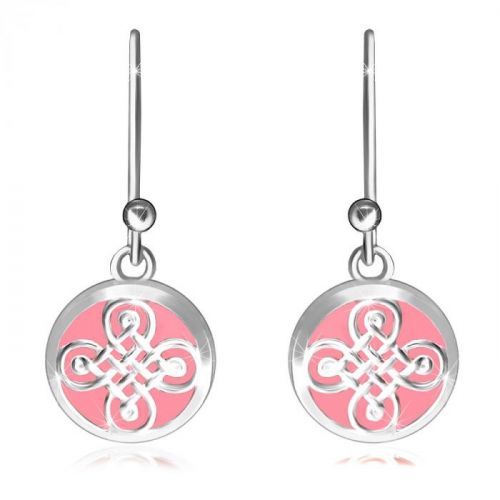 Visiace strieborné 925 náušnice - hladký krúžok, keltský vzor na ružovom podklade