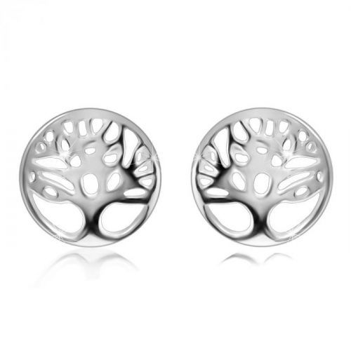 Strieborné 925 náušnice - strom života v krúžku s výrezom, lesklý povrch
