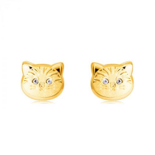 Zlaté 14K náušnice - hlava mačičky s okrúhlymi zirkónovými očami