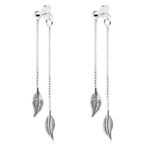 Strieborné náušnice 925, dva lístočky visiace na tenkých retiazkach