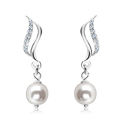 Strieborné 925 náušnice, hladká a zirkónová vlnka, biela guľatá perla