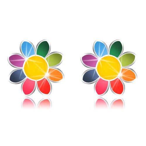 Stieborné náušnice 925 - rôznofarebný kvet s ôsmimi lupienkami, puzetky
