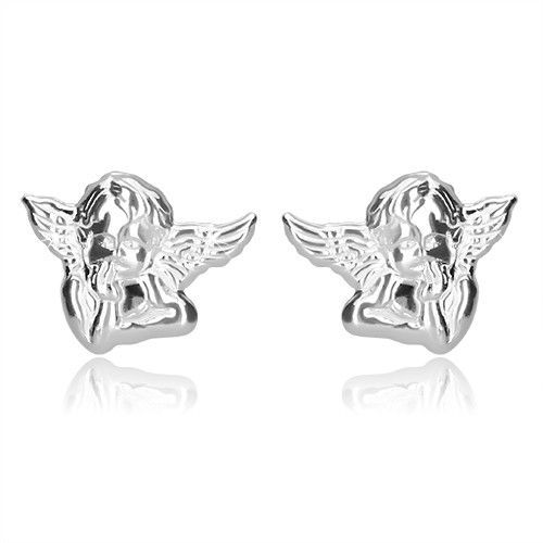 Strieborné náušnice 925 - zamyslený anjel s krídlami, lesklý povrch, puzetky