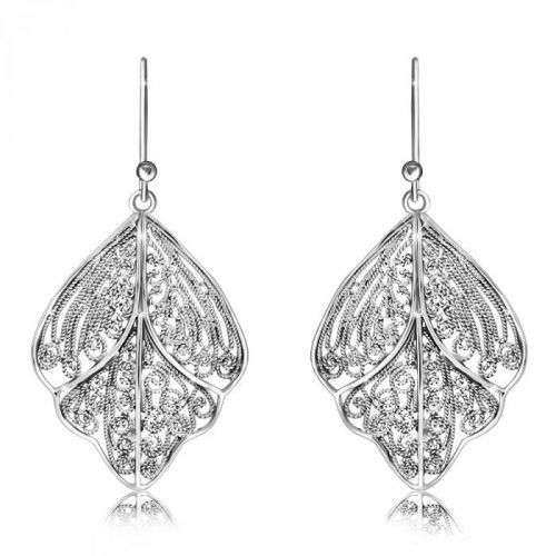 Visiace strieborné 925 náušnice - filigránový list s výrezom, lesklý povrch