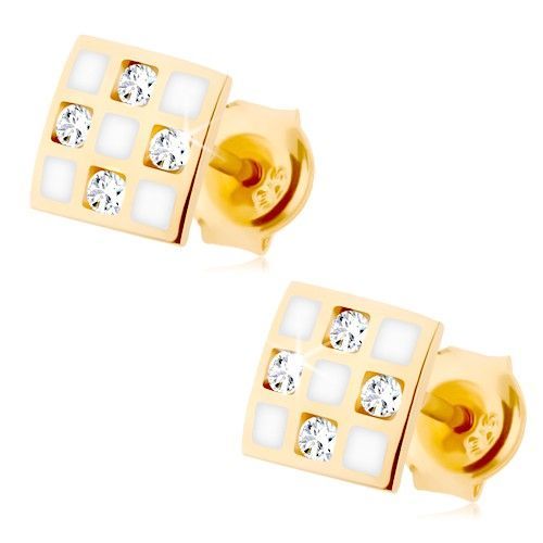 Zlaté náušnice 585 - štvorček so šachovnicou, číre zirkóniky, biela glazúra