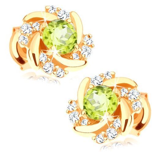 Náušnice zo žltého 9K zlata - kvet so zatočenými lupeňmi a olivínovým stredom