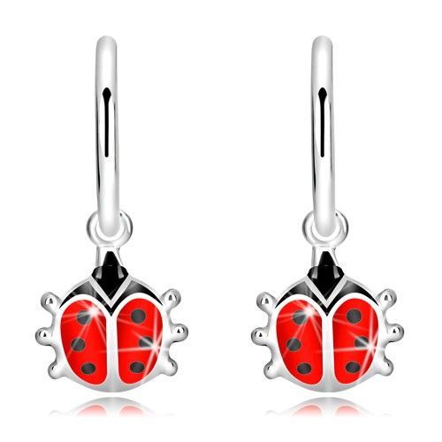 Náušnice zo striebra 925 - lesklé krúžky, glazúrovaná lienka so šiestimi bodkami