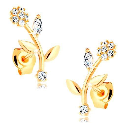 Náušnice zo žltého 9K zlata - kvet so zahnutou stonkou, číre zirkóny