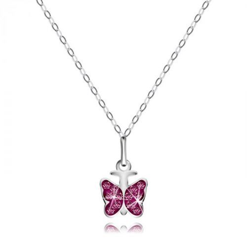 Strieborný 925 náhrdelník - lesklá retiazka, motýlik, okrúhle ružové zirkóny