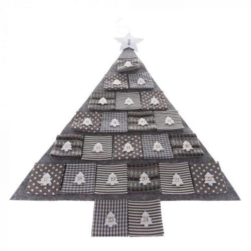 Sivý textilný adventný kalendár v tvare stromu, dĺžka 68 cm
