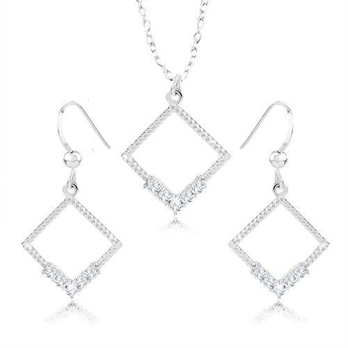 Set náhrdelníka a náušníc - striebro 925, kontúra kosoštvorca, číre zirkóny, vrúbky