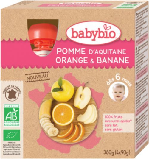 BABYBIO Jablko pomaranč banán 4x90 g – ovocný príkrm