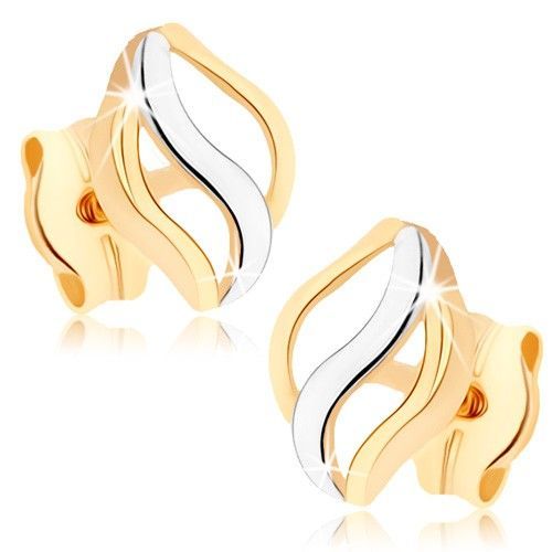 Zlaté náušnice 375 - tri lesklé vlnky, dvojfarebné prevedenie, puzetky