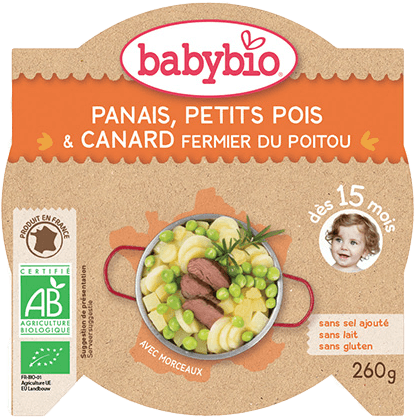 BABYBIO Paštrnák s hráškom a farmárskou kačicou 260g – mäsovo-zeleninový príkrm