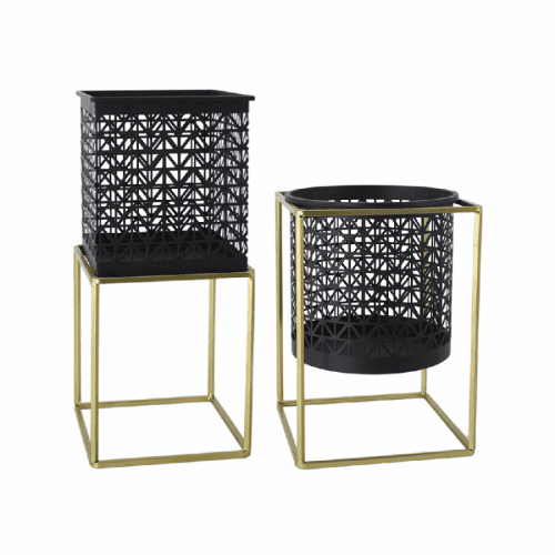 Set 2 stojanů na květináče, hranatý / kulatý, černá / zlatá, ESME SET