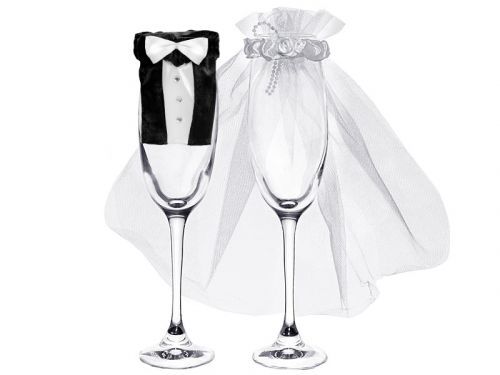 PartyDeco Svadobné oblečenie na poháre Ženích s nevestou