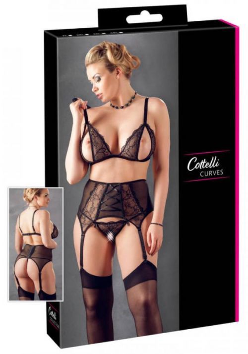 Cottelli Plus Size – čipkovaná trojica spodného prádla (čierna)