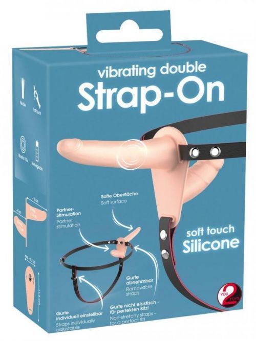 You2Toys Strap-On – nabíjací pripínací dvojitý vibrátor (telová farba)