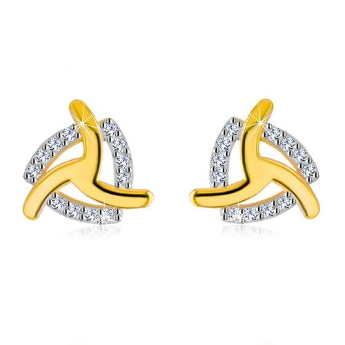 Náušnice zo 14K žltého zlata - tri zahnuté ramená, zirkónová kontúra trojuholníka