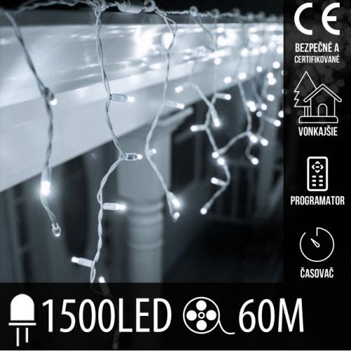 Vianočná LED svetelná záclona vonkajšia - programy - časovač + diaľkový ovládač - 1500LED - 60M Studená Biela