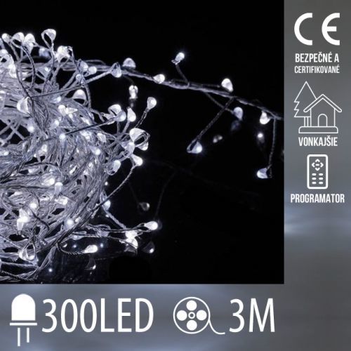 Vianočná LED svetelná mikro reťaz CLUSTER vonkajšia + programator - 300LED - 3M Studená Biela