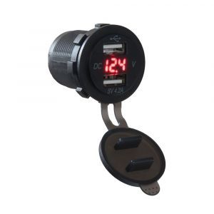 USB nabíjačka 12V / 24V s voltmetrom - 2x USB vodeodolná do panelu / červená