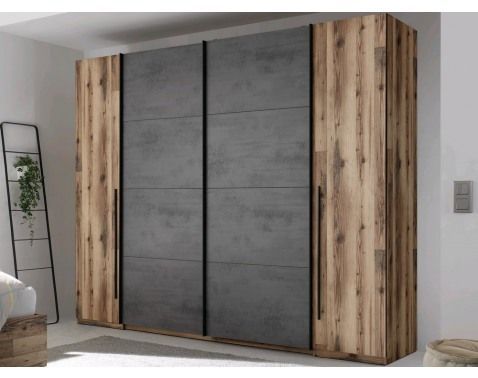 Šatníková skriňa Sarnia, 312 cm, zrubová dosky / tmavý betón