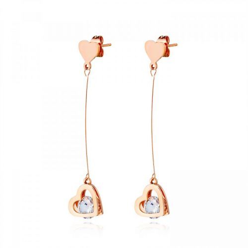 Visiace oceľové náušnice - zdvojené srdce na lanku s čírym zirkónom, medená farba, puzetky