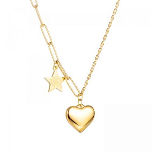 Náhrdelník z chirurgickej ocele, zlatá farba - prívesky srdce a hviezdička, oválne články