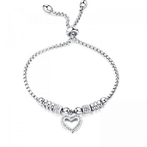 Oceľový náramok, strieborná farba - srdce so zirkónikmi, lesklé guličky, hrubšia retiazka
