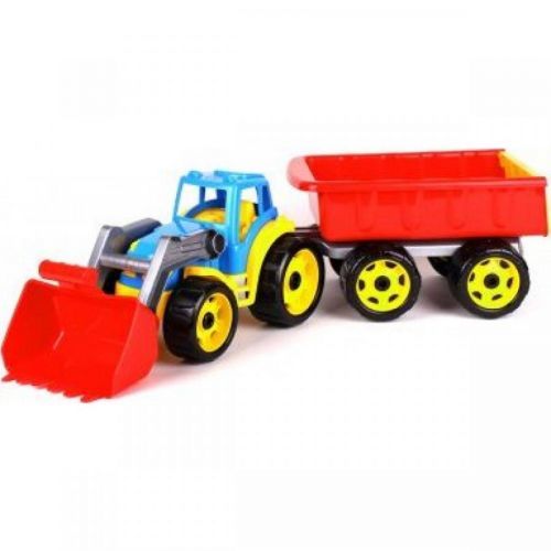 Traktor s prednou lyžicou a červeným vlekom modrý