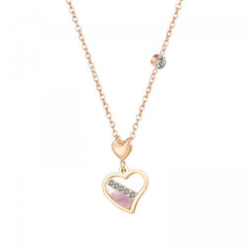 Oceľový náhrdelník v medenej farbe, nepravidelný obrys srdca, perleť, číre zirkóny