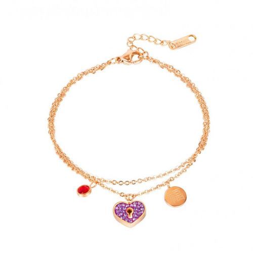 Oceľový náramok medenej farby - zdvojená retiazka, červený zirkón, fialové srdiečko, kruh