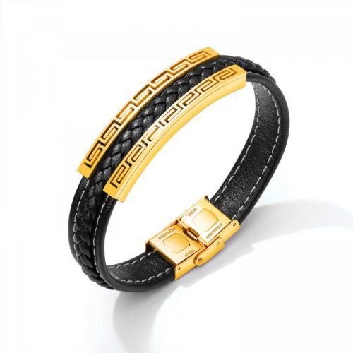 Čierny koženkový náramok, oceľová známka zlatej farby - grécky kľúč