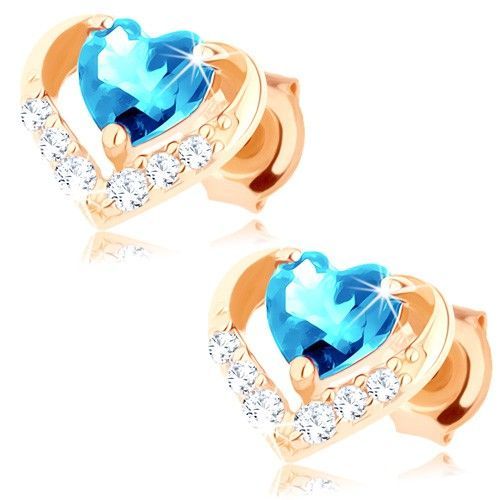 Zlaté náušnice 375 - modré topásové srdiečko v ligotavej kontúre
