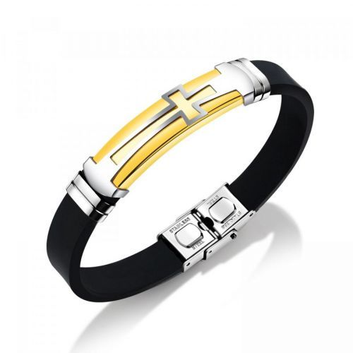 Oceľovo-gumený náramok, čierny remienok, dvojfarebná známka s obrysom kríža