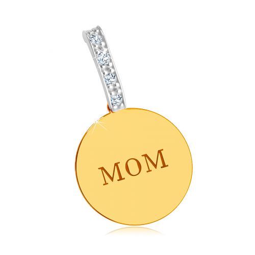 Prívesok zo 14K kombinovaného zlata - lesklý plochý kruh, nápis MOM, zirkónová línia