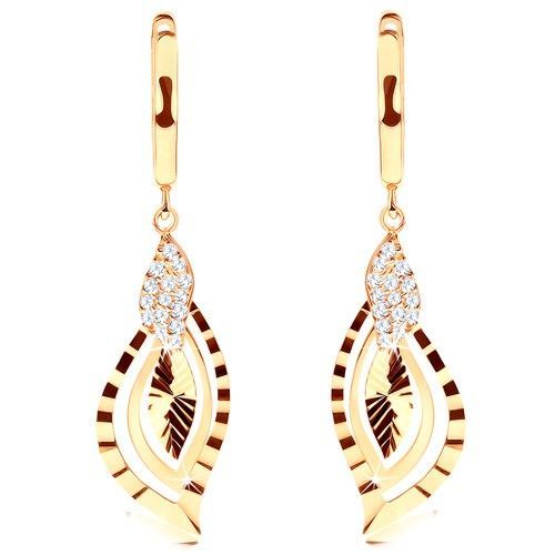 Zlaté náušnice 585 - lesklý oblúčik, ligotavé lístočky zdobené zirkónmi a ryhami