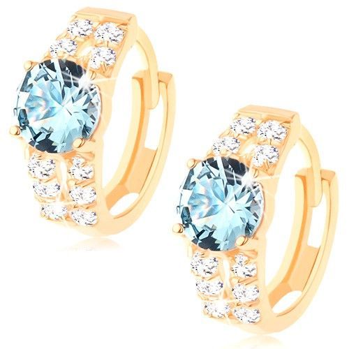 Zlaté náušnice 585 - svetlomodrý okrúhly zirkón, zvislé trblietavé línie