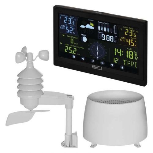 Meteorologická stanica Emos E6016 čierna... Meteorologická stanice s anemometrem, dotykový VA displej, až 3 čidla/100 m dosah, trend vývoje teplot/vlh