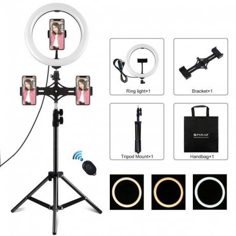 PULUZ Selfie Ring kruhové LED svetlo 10.2'' + vysoký statív, čierne (PKT3070B)