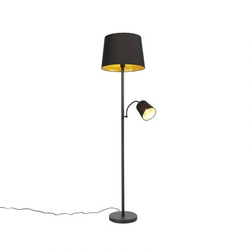 Klasická stojaca lampa čierna so zlatom a svetlom na čítanie - Retro