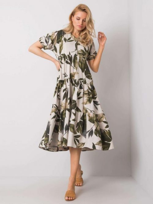 RUE PARIS Béžovo-khaki šaty s potlačou S