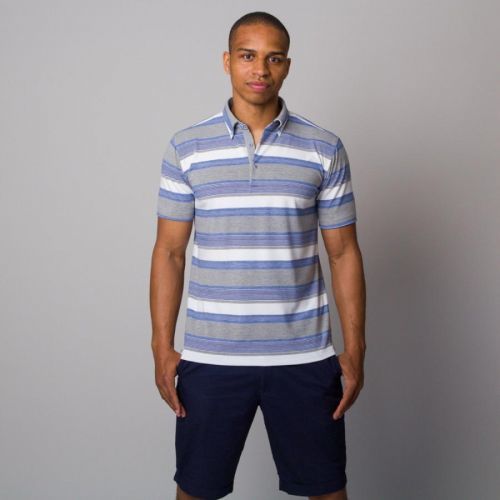 Pánske polo tričko s pásikmi v bielej, sivej a modrej farbe 12758