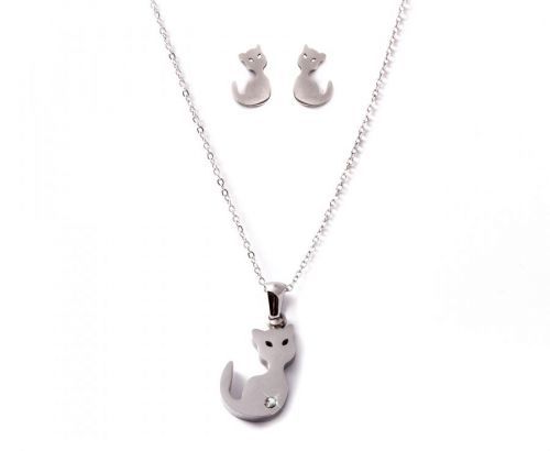 Set náušnice a náhrdelník s mačkou - chirurgická oceľ