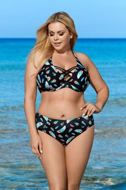 Plavky bez výstuže Scarlett čierne pávie pierka viacfarebná 70D