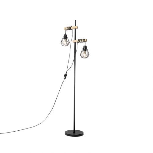 Vidiecka stojaca lampa čierna s dreveným 2-svetlom - Chon