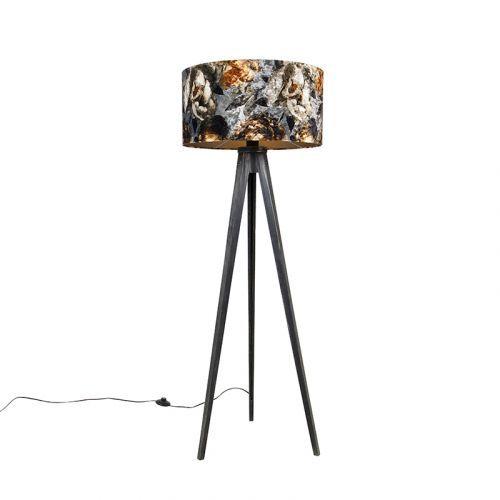 Vloerlamp tripod zwart met kap bloemen 50 cm - Tripod Classic