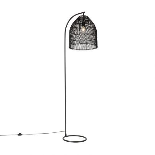Vidiecka stojaca lampa čierna s ratanom - Sam