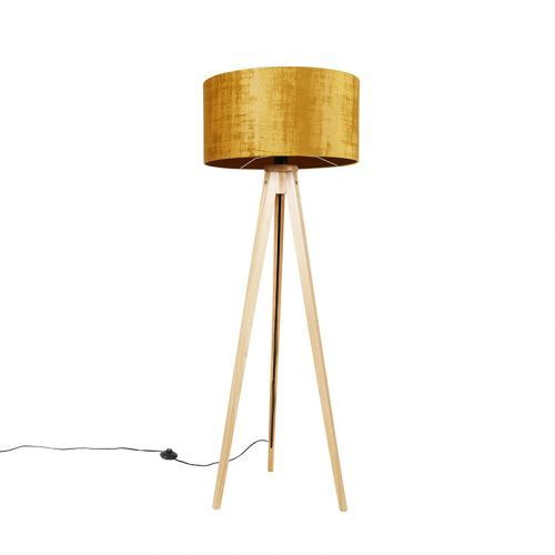 Vloerlamp tripod naturel met kap goud 50 cm - Tripod Classic